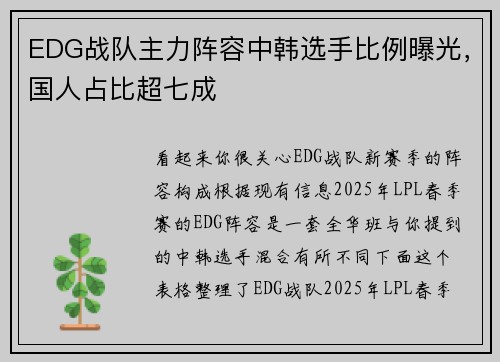 EDG战队主力阵容中韩选手比例曝光，国人占比超七成